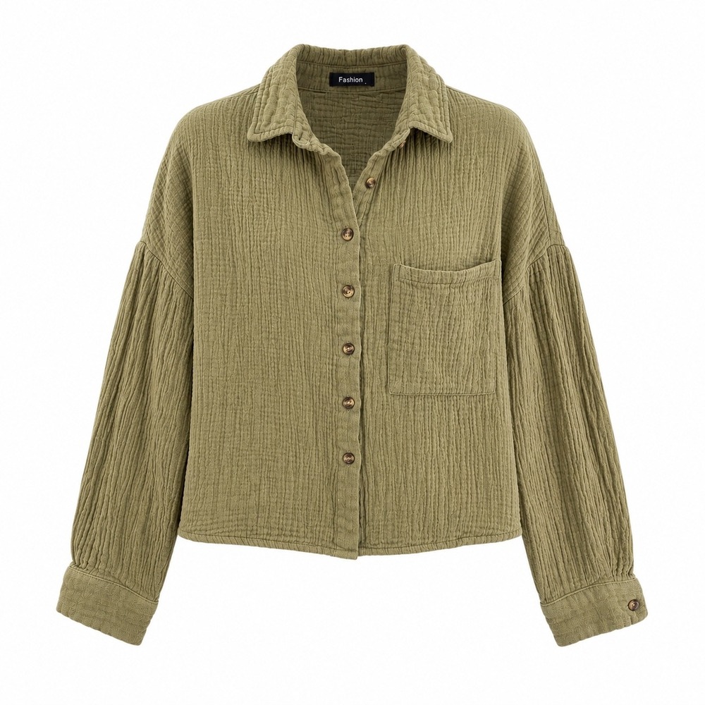 Fashion Shirt Button Down 100% Cotton Gauze Small Olive Green Lagenlook Boho